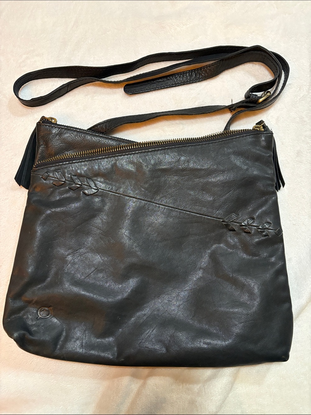 Born Black Leather Crossbody Shoulder Bag Braided Detail Dual Zip